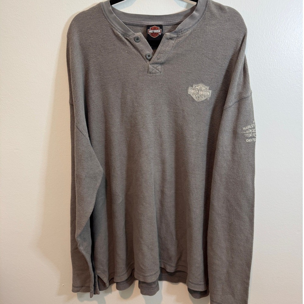 Vintage Harley-Davidson Henley Shirt Mens 2XL Gray Thermal Waffle Knit Dayton OH